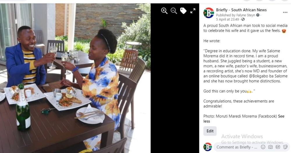 Proud husband Maredi Morema celebrates with his wife, Salome, and has inspired Mzansi. Image: Facebook
