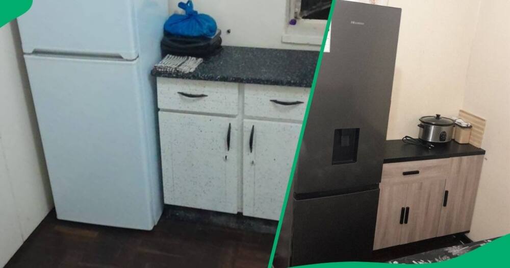 A woman showed what her kitchen area looked like before and after renovations.