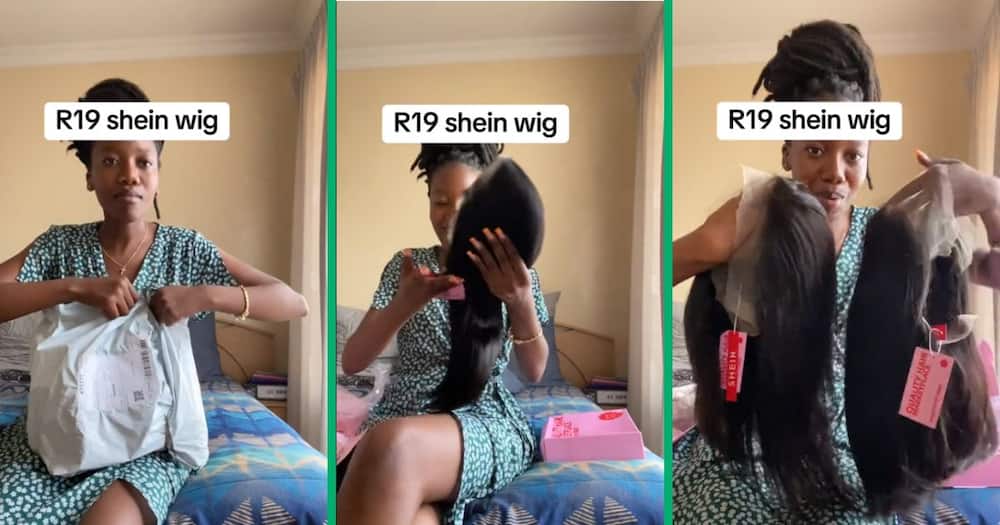 woman unboxes R19 Shein wig