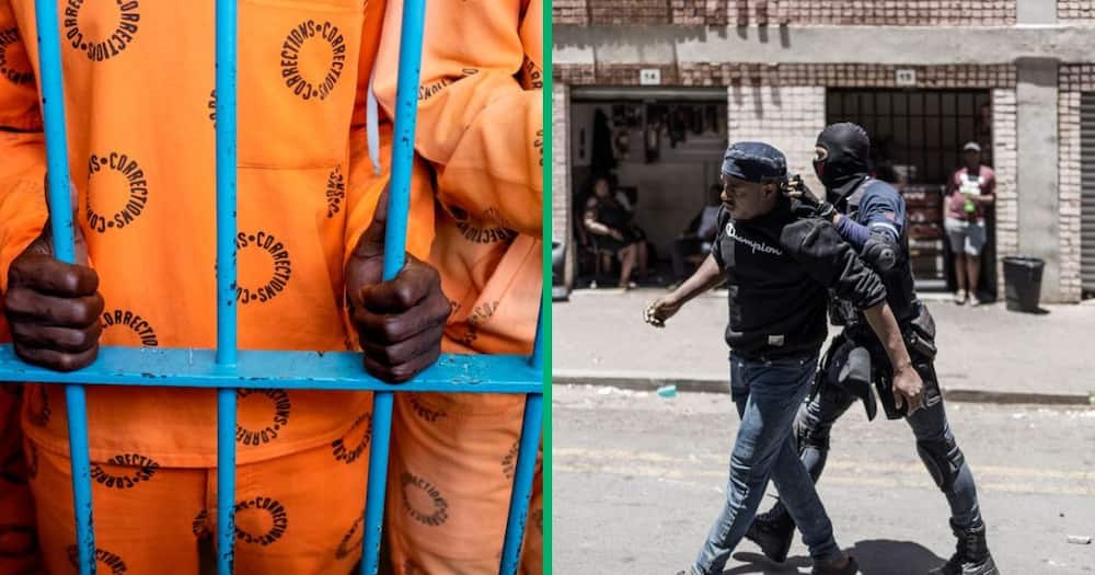 A prisoner behind bars, and a man who is caught by a police officer during a raid in Johannesburg
