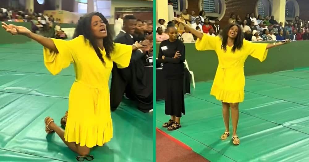 Mother falls to her knees at graduation ceremony.