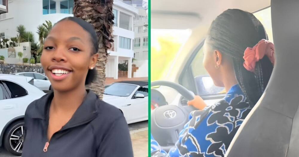 A TikTok video shows a woman learning how to drive.
