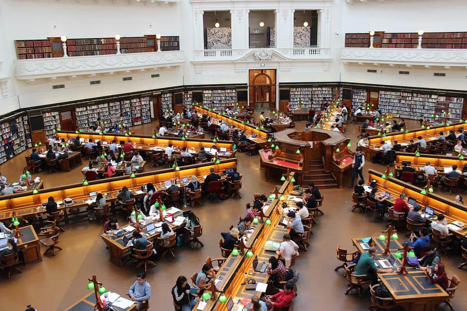 A large group of students at a library