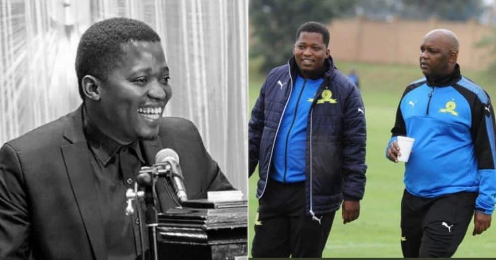 Heartbroken Pitso Mosimane pays tribute to ex-Mamelodi Sundowns spokesperson Thulani Thuswa. Image: @Masandawana/@TheRealPitsoMosimane/Twitter
