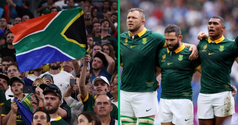 The South African flag flown at a rugby match, and the Springboks singing the National Anthem