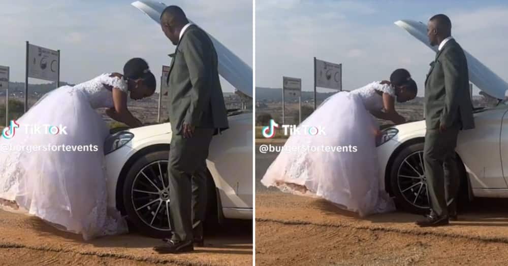 Video of a bride fixing a car on her wedding day