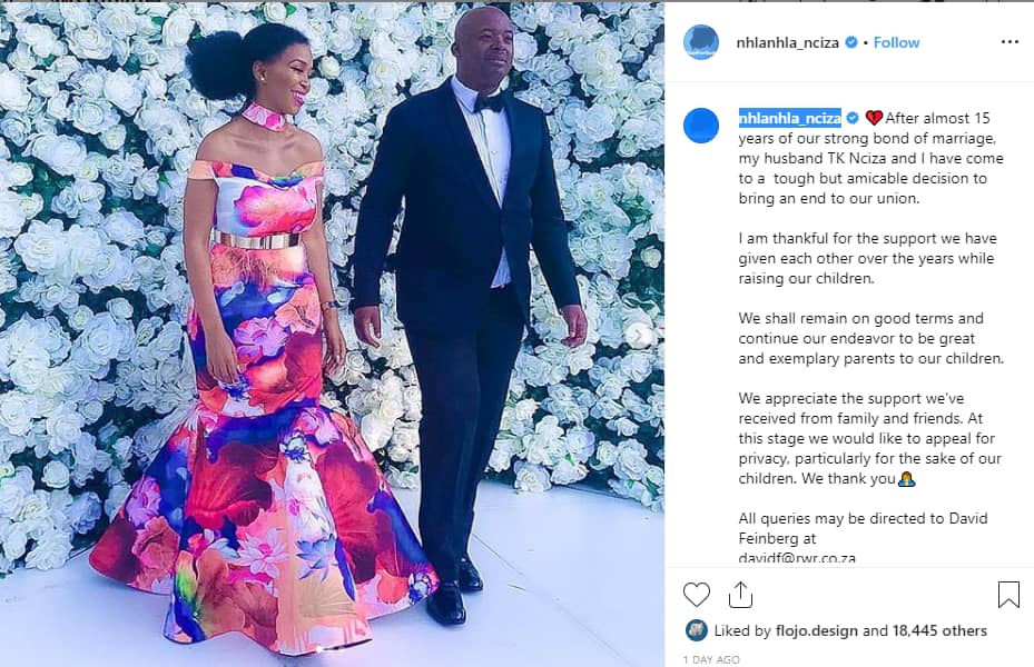 Nhlanhla Nciza and TK Nciza called it quits after 15 years of marriage