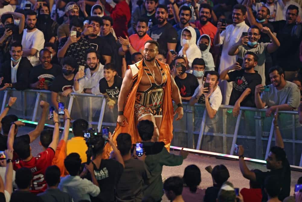 Big E makes a stand-out entrance before one of his WWE matches.
Source: Fayez Nureldine/Getty Images.