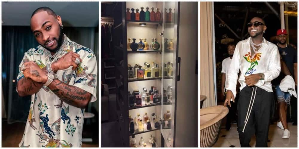 Photos of singer Davido and his collection of perfume.