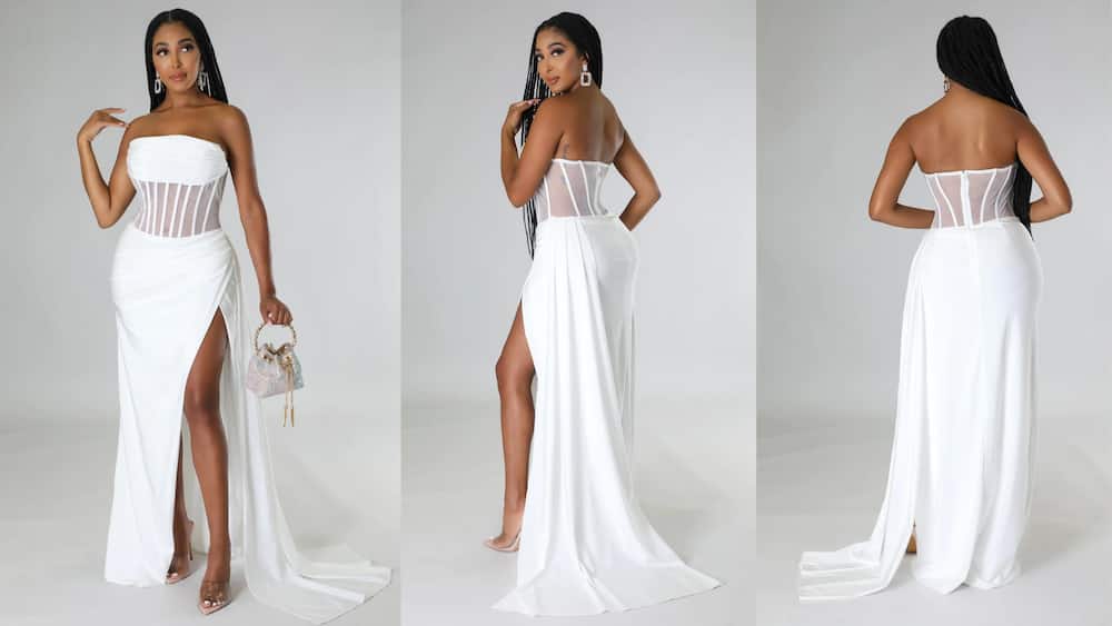 Strapless gown with sheer boned corset and high-side slit