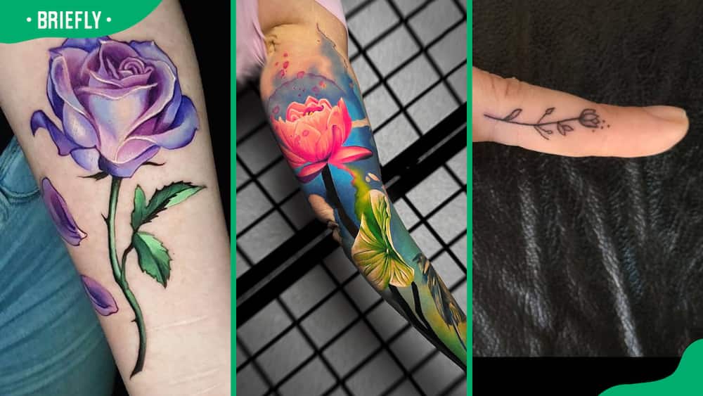Purple (L), realistic (C) and finger flower tattoos (R)