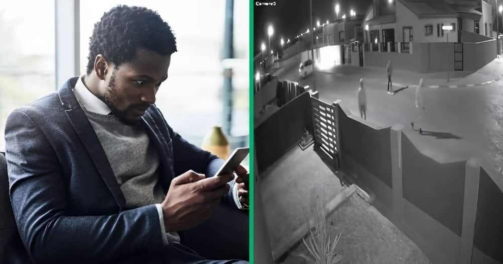A stock photo of man looking at his phone and an image of an attempted robbery