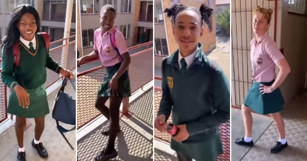 Schoolboys dressed in girl uniforms from their school to honour Women's Day.