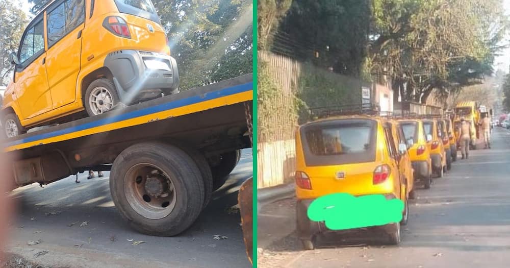 Collage image of yellow Bajajs being impounded in the City of Joburg