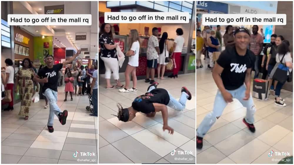 Dancing in public/shoppers in a mall.