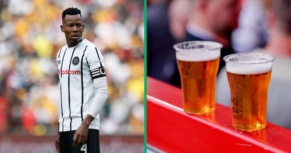 former Orlando Pirates captain Happy Jele and two glasses of beer at a football game