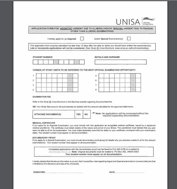 UNISA aegrotat application form