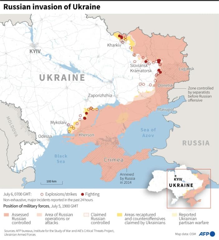Map showing the situation in Ukraine, as of July 6 at 0700 GMT