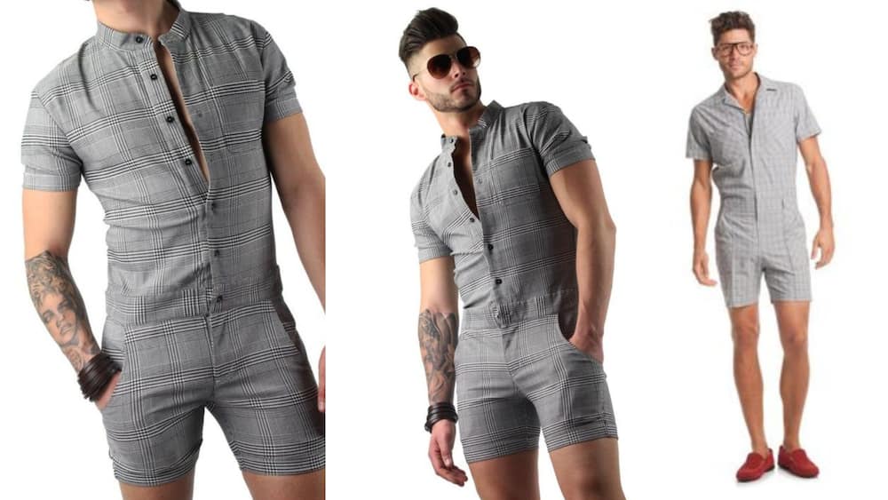 Short-sleeved grey plaid romper with banded collar and side pockets