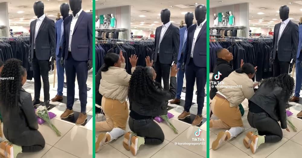 A video of group of friends bowing in front of mannequins