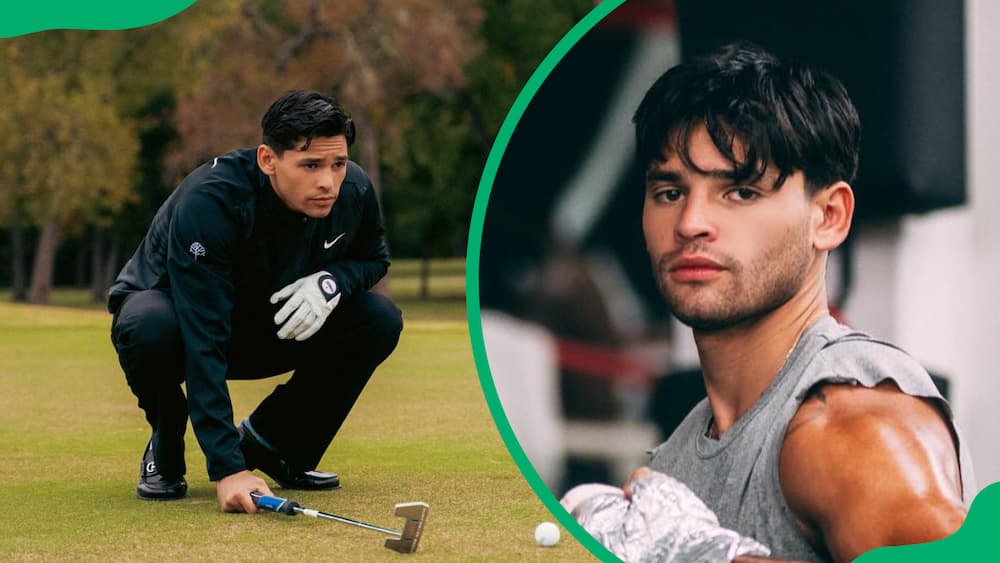 Ryan Garcia holding a putter near a golf ball (L). The professional boxer in a grey sleeveless attire (R)