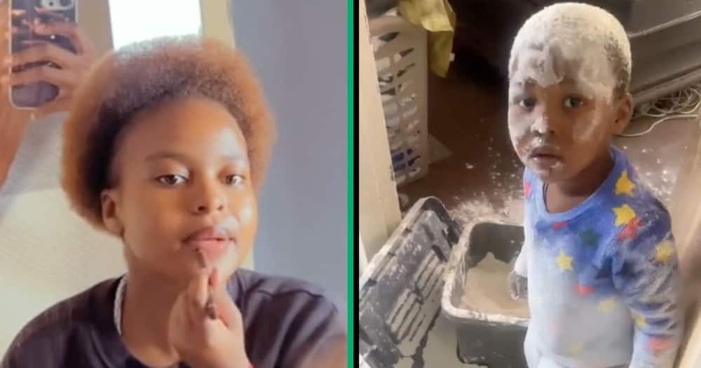 A woman scolded her kid for being covered in flour