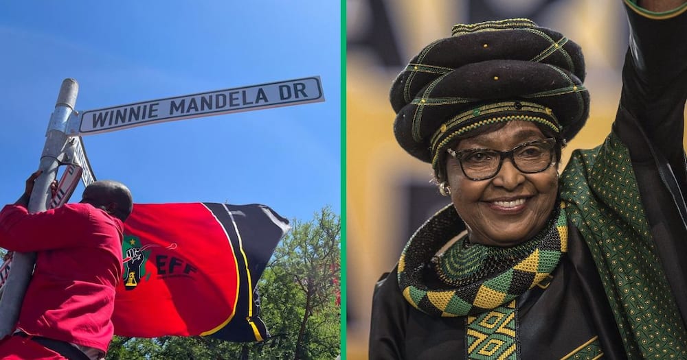 Collage image of a street sign and Winnie Madikizela Mandela