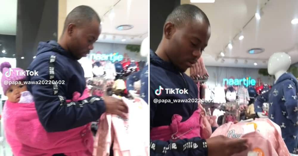 A hands-on father goes TikTok viral for shopping with his baby on his back
