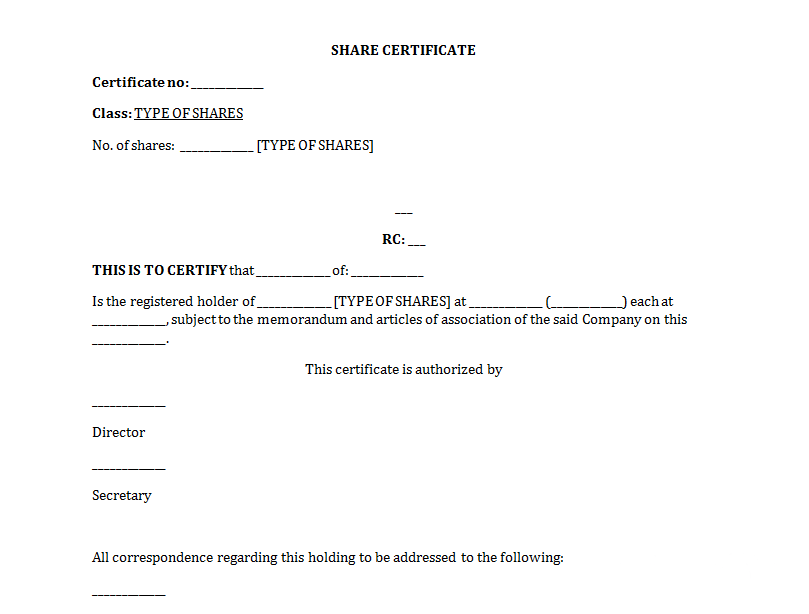 shareholding certificate template