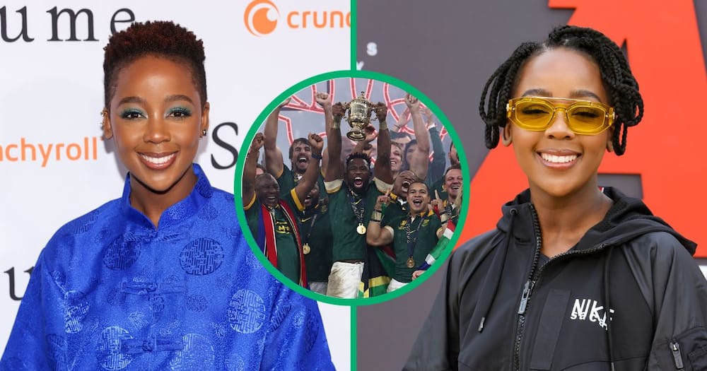 Thuso Mbedu attending Los Angeles red carpet premiere of Crunchyroll's "Suzume" at Academy Museum of Motion Pictures and Springbok's flanker and captain Siya Kolisi lifting the Webb Ellis Cup after South Africa won the France 2023 Rugby World Cup Final.