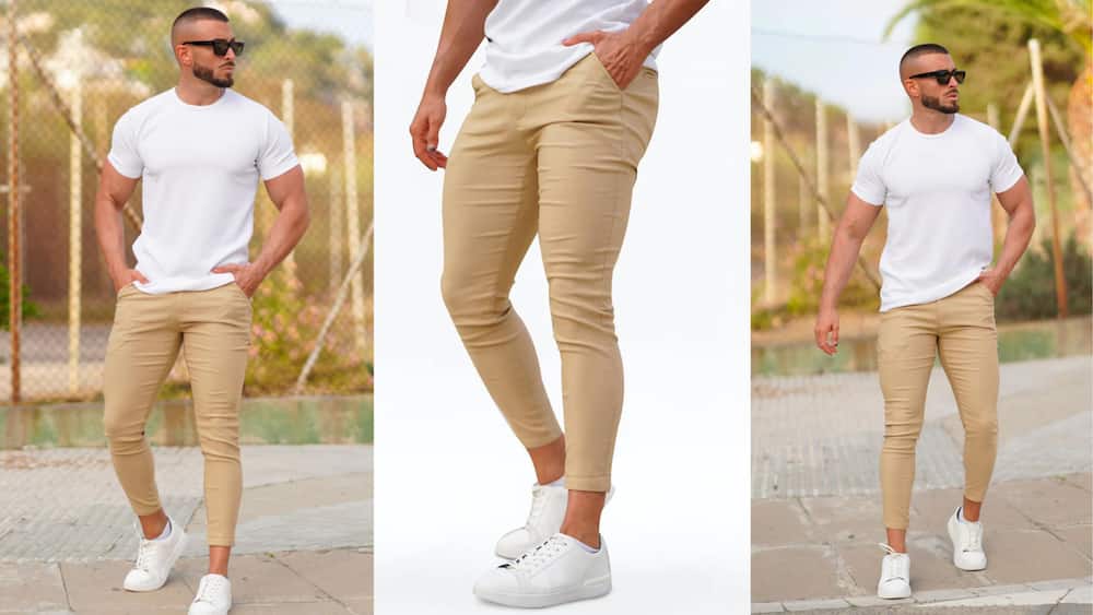 Chinos stretch suit pants with a white T-shirt