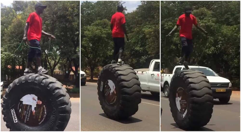 Photos of a man on a tractor tyre.