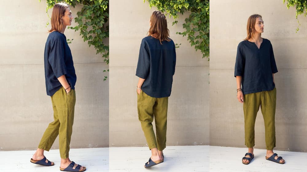Cropped linen pants with a three-quarter sleeved loose V-neck shirt