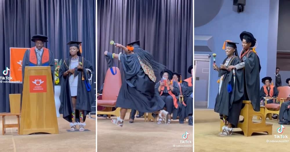 A female graduate performed a fierce Zulu dance on stage