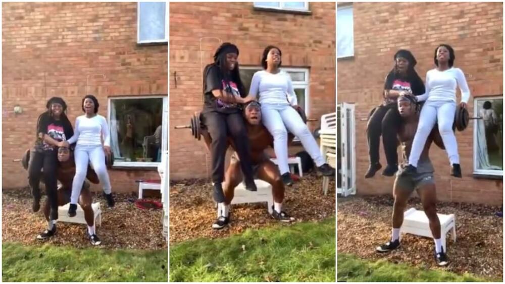 Young man carries up his 2 sisters on top very heavy weight, they dance on his shoulder, video goes viral