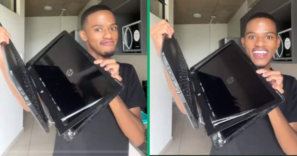 The TikTok video unveils a South African student's laptop held together by cords, looking like scrap parts