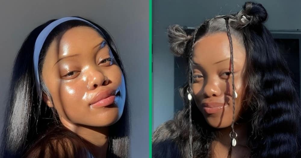 Black woman shows off her flawless skin.