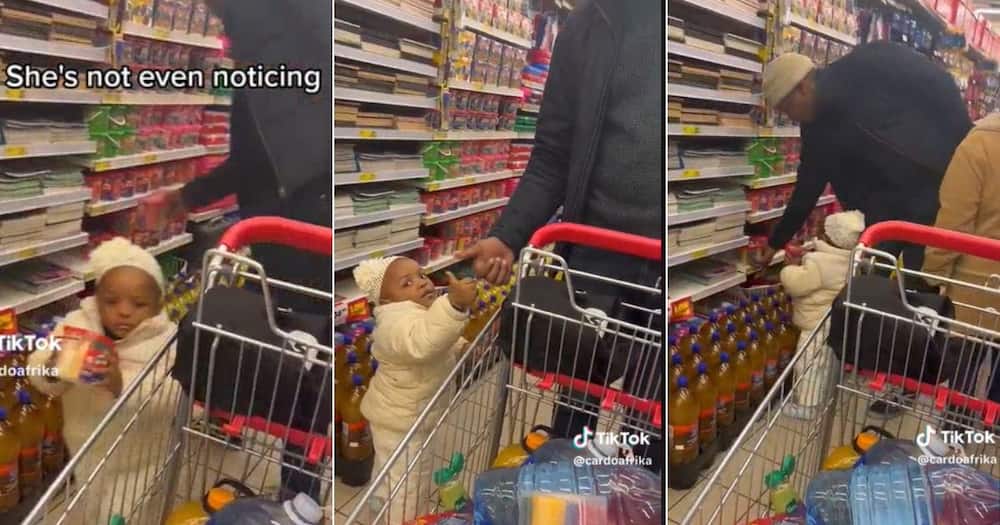 TikTok video of child putting items in trolley while shopping with dad