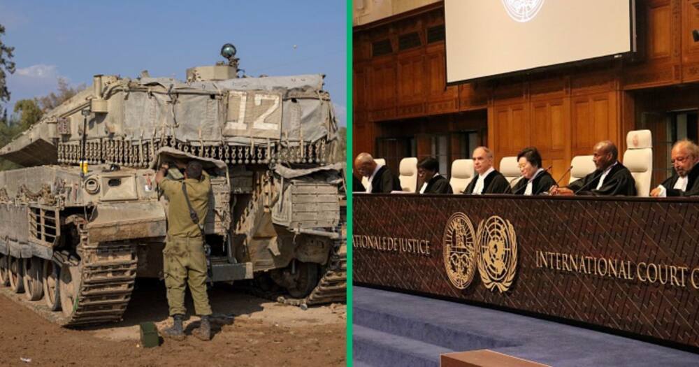 An Israeli soldier worked next to a tank and the International Court of Justice
