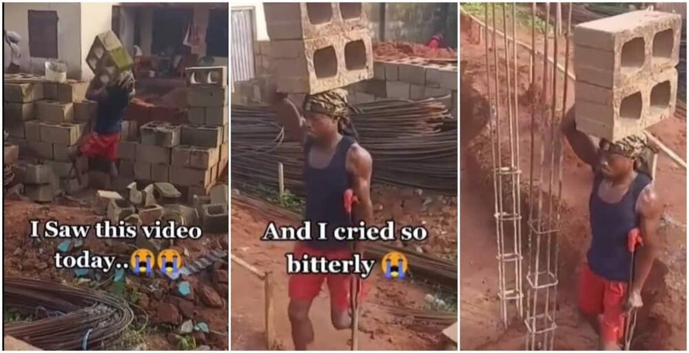 Physically challenged man carrying blocks