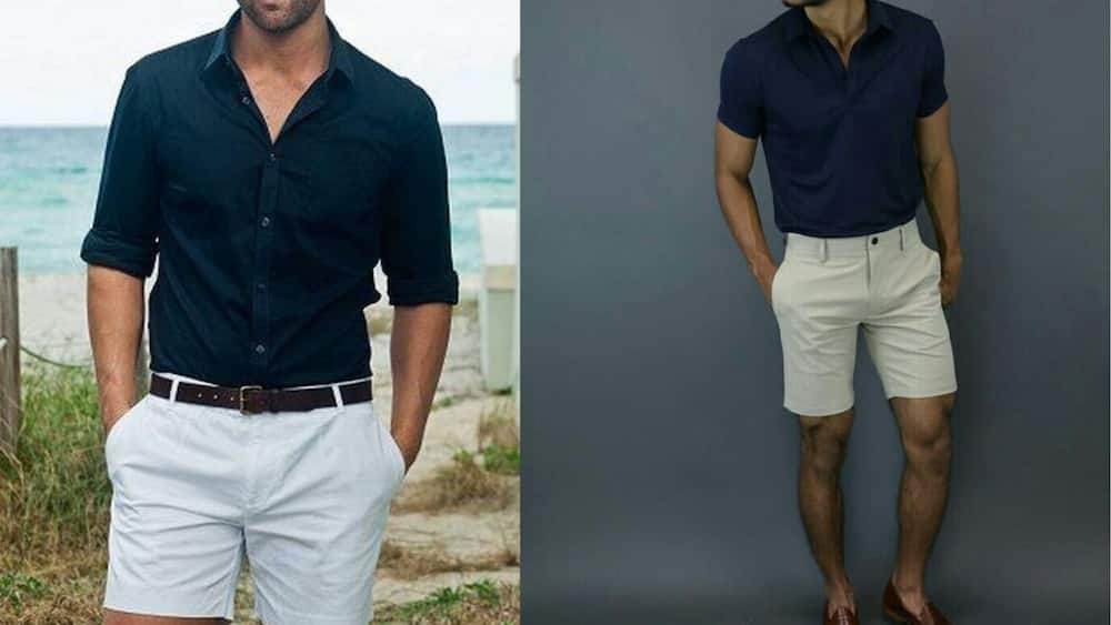 Black shirt and belted white shorts