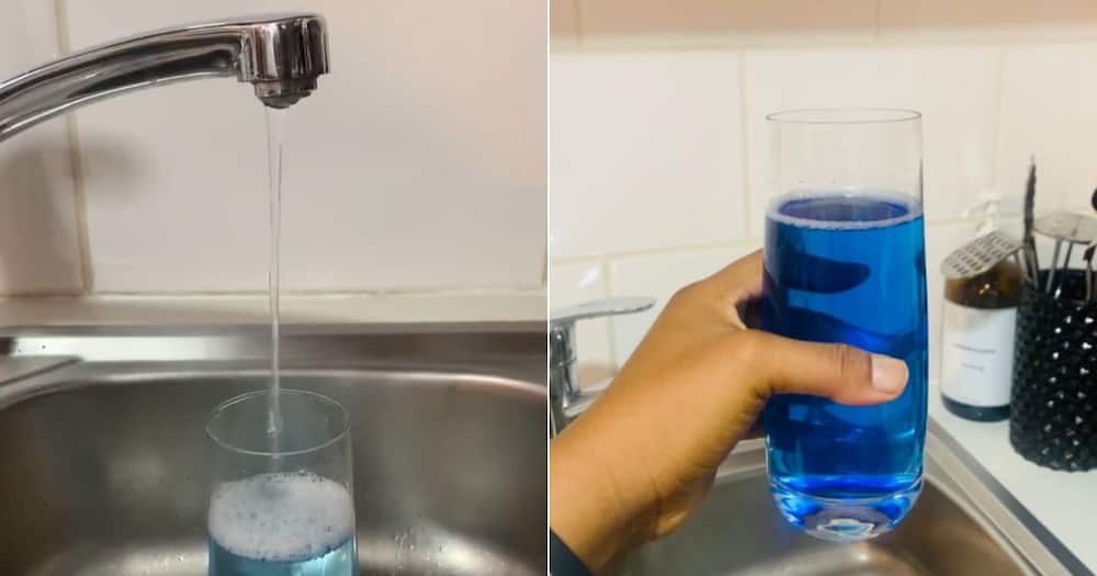 Woman shows blue water coming out of tap