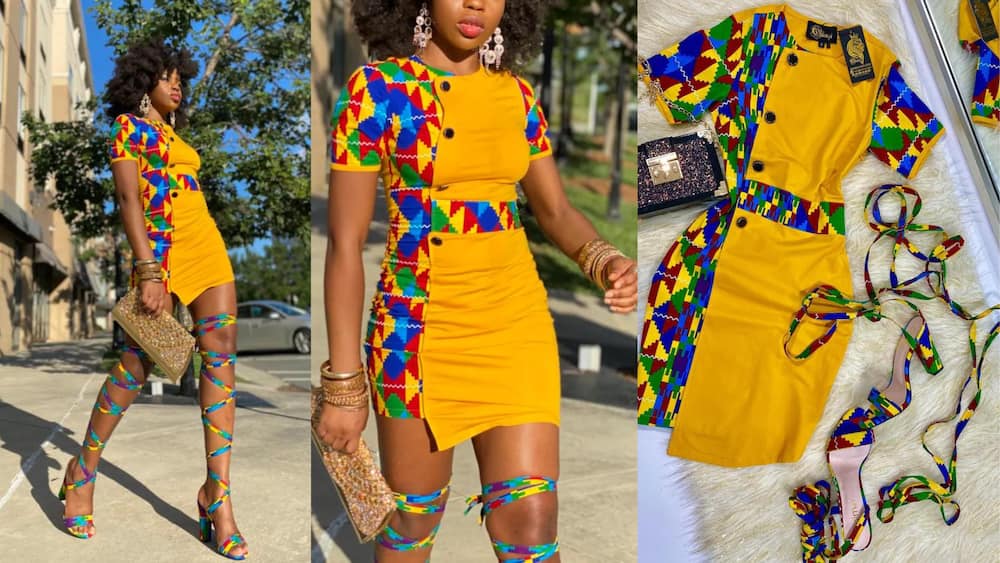 Yellow stretchy short Kente gown with matching sandals