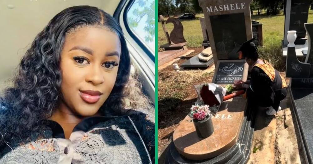 A woman went to the gravesite to tell her departed mother that she graduated