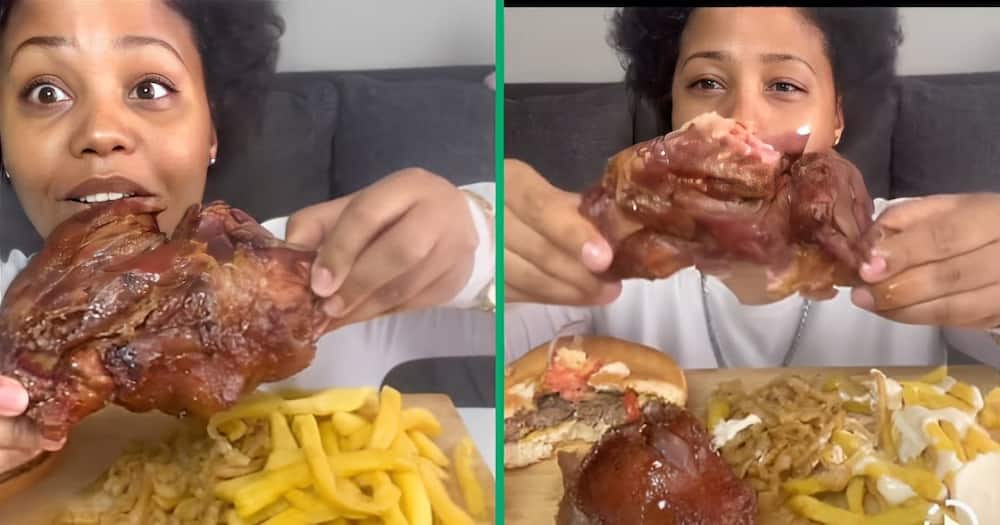 A Twitter video shows a woman eating eisbein.