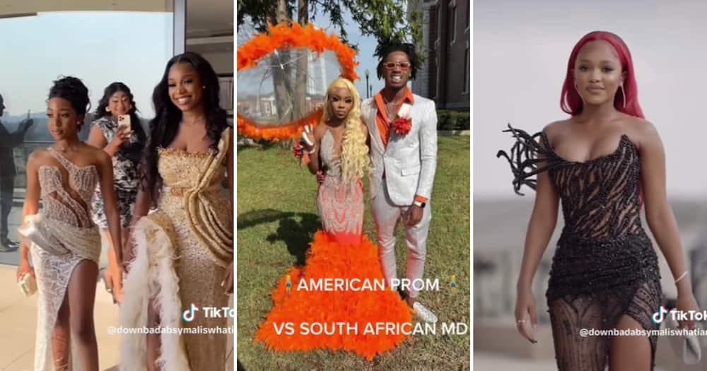 TikTok / @downbadabsymaliswhatiam compares American prom vs South African matric dance fashion