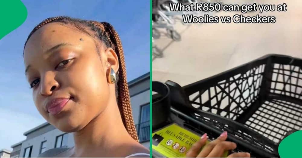 A TikTok video shows a woman comparing Woolworths and Checkers.