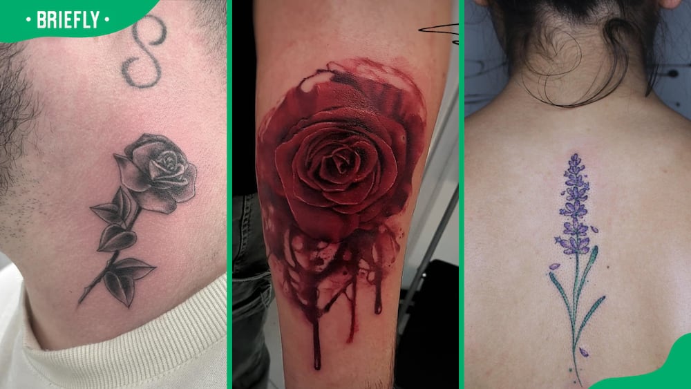 Neck flower (L), bleeding rose (C) and lavender flower tattoos (R)