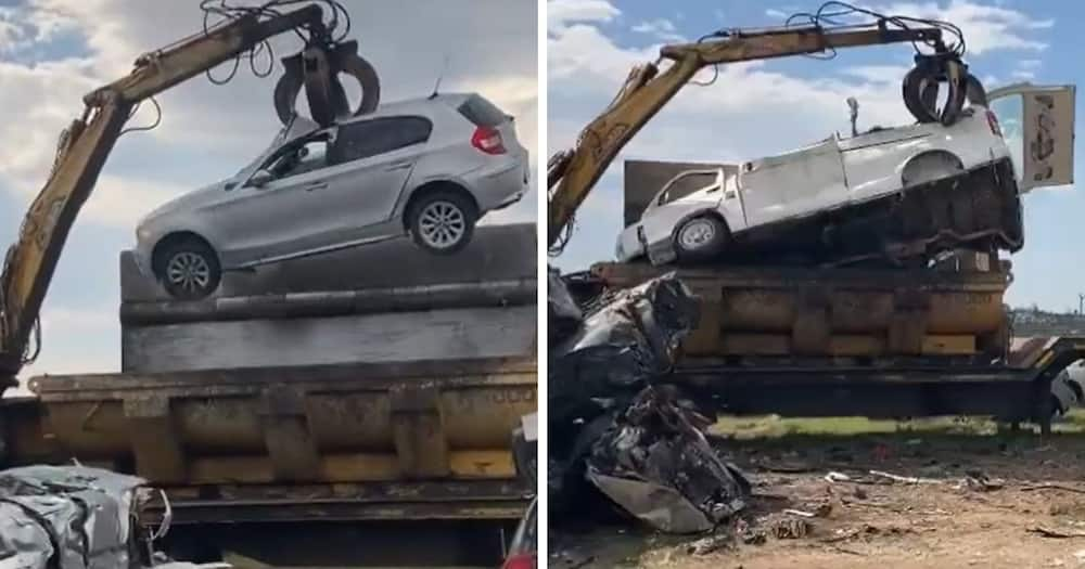 Mzansi Reacts to Video of Illegally Imported BMW 1 Series and Taxi Being Crushed, Tweeps Offer to Buy Them