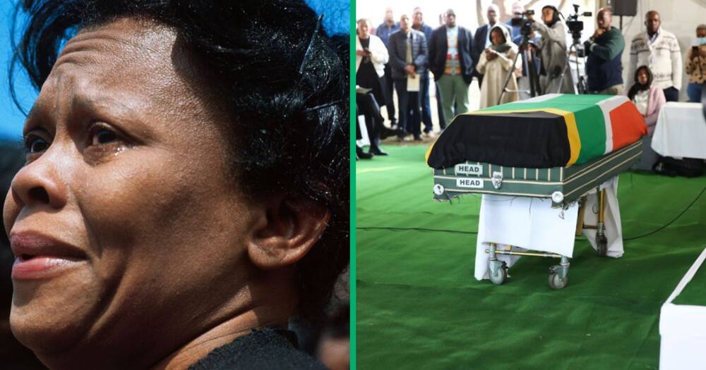 A woman crying at a funeral, and the South African flag draped over a person's coffin